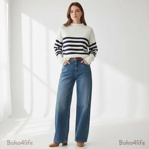 $88 NWT Truth by Republic Ivory Blue Stripes Women's Soft Mock Neck Sweater Sz S